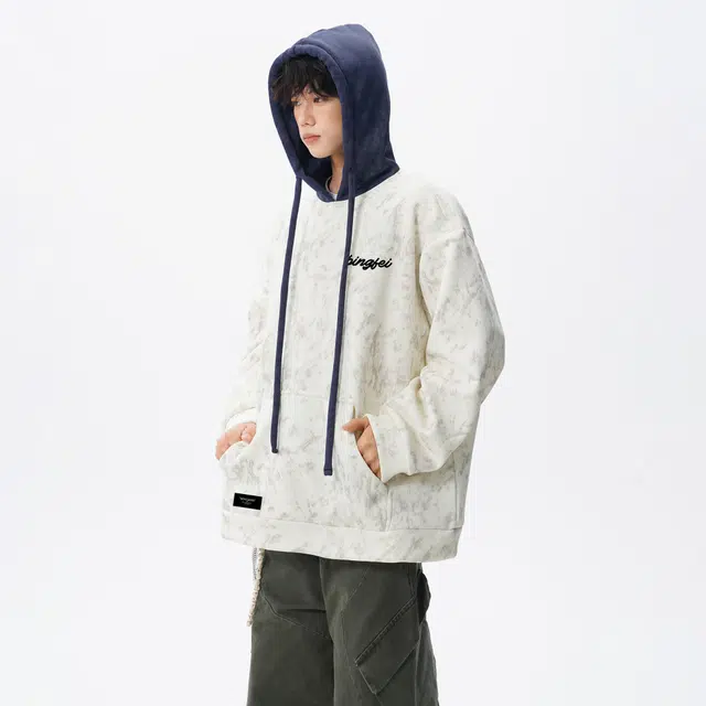 冰飞 美式高街撞色拼接宽松舒适字母大码套头上衣痞帅连帽外套潮流扎染学生党青少年无性别主义穿搭长袖卫衣 男女同款