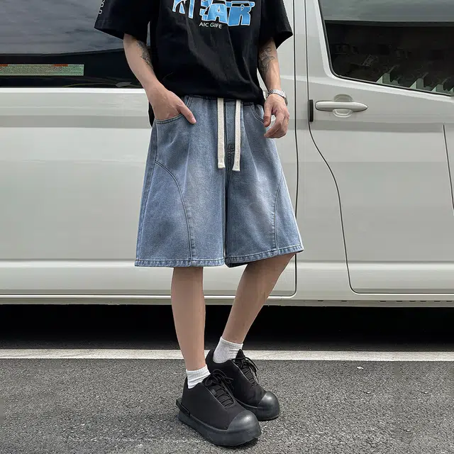 冰飞 美式复古时尚潮流个性条纹拼接设计高级感水洗宽松舒适百搭牛仔短裤 男女同款