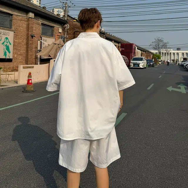 冰飞 美式复古学院风日系小清新无性别基础款宽松时尚简约满天星翻领短袖上衣潮流松紧腰直筒沙滩五分裤高级感衬衫套装 男女同款
