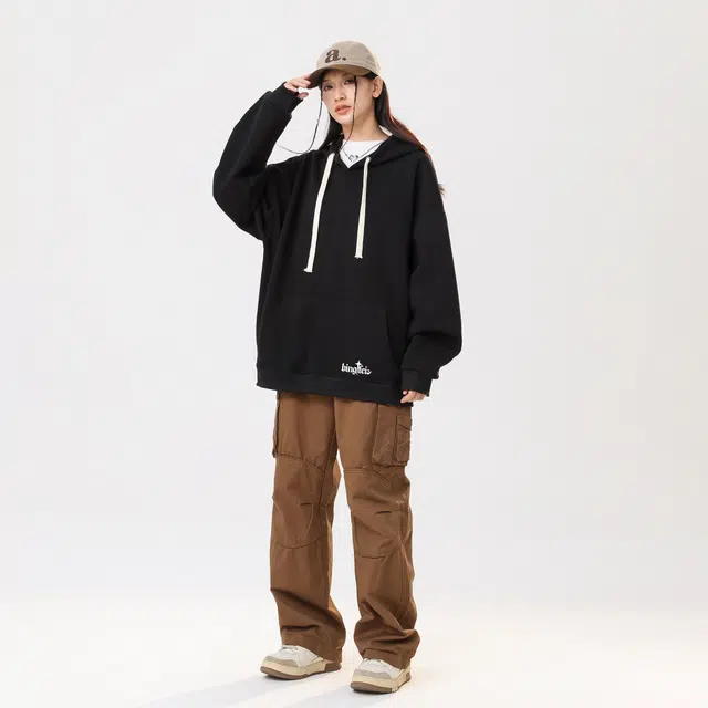 冰飞 美式复古嘻哈街头风收货字母印花加绒加厚御寒保暖长袖连帽套头卫衣 男女同款