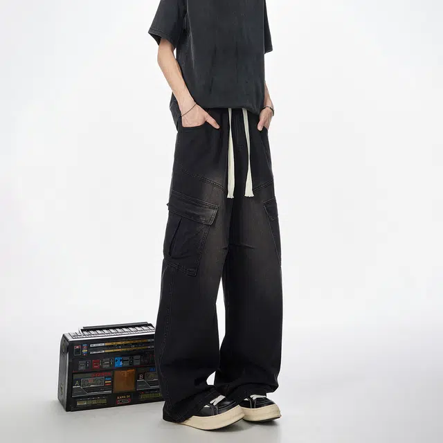 冰飞 美式复古嘻哈街头风小众解构性设计多口袋系带潮牌做旧水洗痞帅通勤百搭宽松垂感休闲阔腿透气抽绳牛仔裤 男女同款