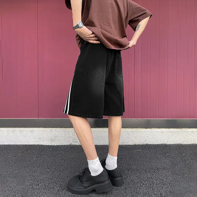 冰飞 美式复古时尚潮流个性条纹拼接设计高级感水洗宽松舒适百搭牛仔短裤 男女同款