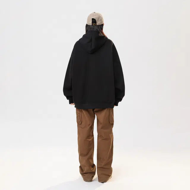 冰飞 美式高街复古个性潮流学院风简约创意猫咪艺术品牌字母日常百搭时尚通勤亲肤舒适落肩长袖加绒加厚套头连帽卫衣 男女同款