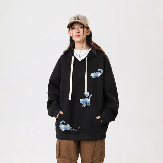 冰飞 美式高街复古个性潮流学院风简约创意猫咪艺术品牌字母日常百搭时尚通勤亲肤舒适落肩长袖加绒加厚套头连帽卫衣 男女同款