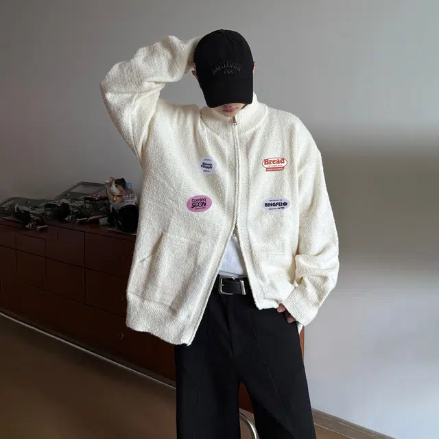 冰飞 秋冬高品质开衫外套美式懒惰风字母印花简约高级感潮牌双拉链软糯舒适毛衣韩系学院风休闲半高领长袖针织衫 男女同款