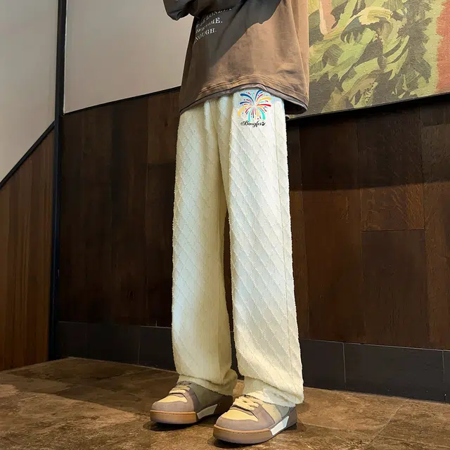 冰飞 美式嘻哈街头风彩虹字母刺绣菱形格纹立体感毛边高级感宽松直筒舒适百搭潮流拖地阔腿学院风休闲牛仔裤 男女同款