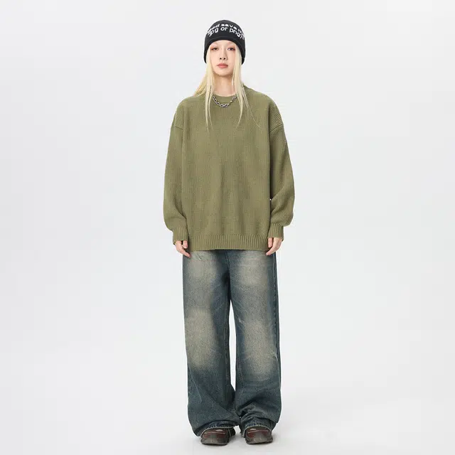 冰飞 美式复古学院风个性潮牌基础款纯色宽松休闲简约韩风氛围感穿搭舒适软糯慵懒感时尚百搭打底衫圆领长袖保暖针织衫 男女同款