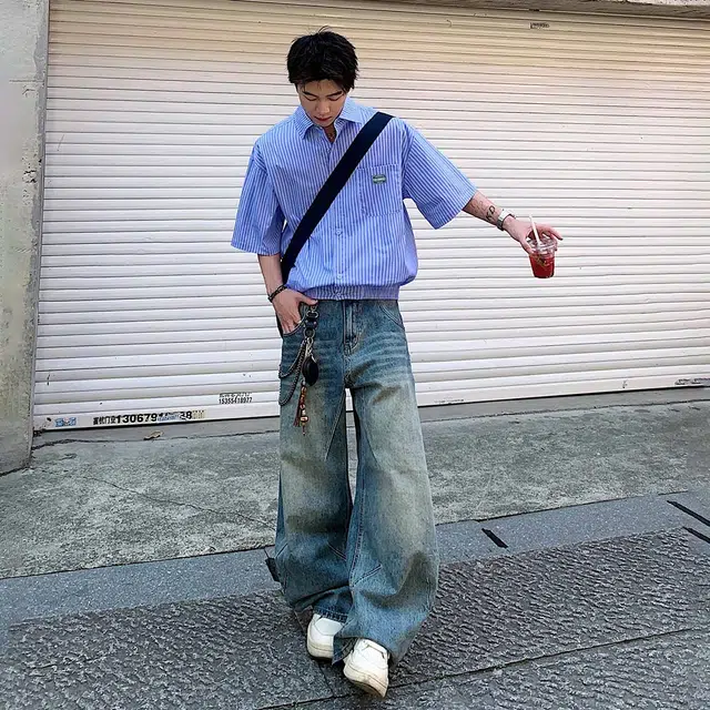 冰飞 日系高街潮牌学院风经典竖条纹易打理凉感翻领开衫纽扣单口袋设计时尚宽松落肩简约百搭休闲少年感盐系穿搭短袖衬衫 男女同款