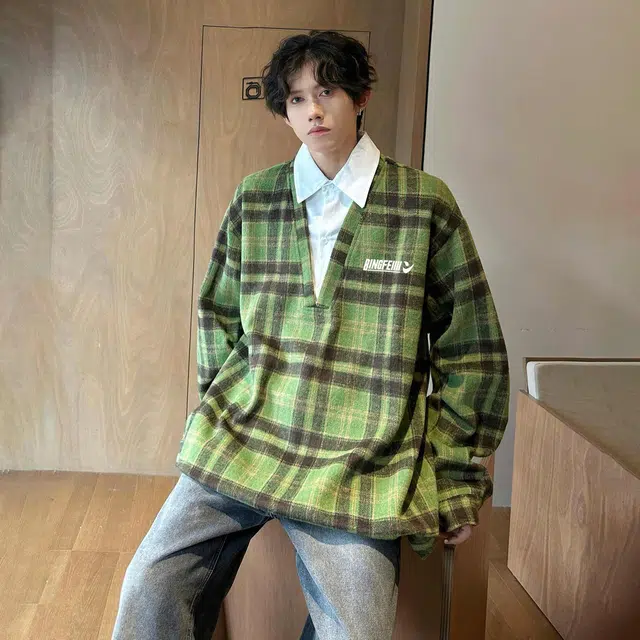 冰飞 美式复古潮牌字母假两件格子通勤学院风衬衫领日常宽松外套户外运动百搭长袖卫衣 男女同款