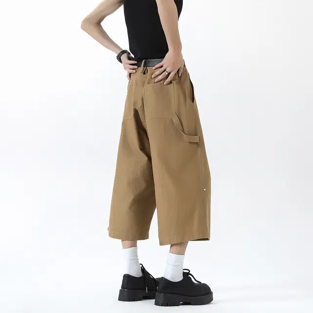 冰飞 美式高街复古休闲宽松舒适亲肤透气基础款设计感户外运动阔腿七分工装短裤 男女同款