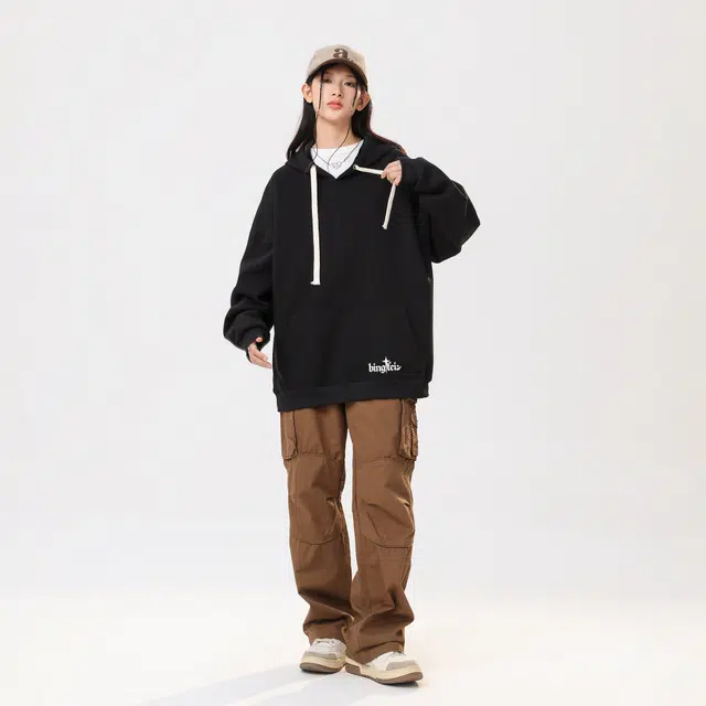 冰飞 美式复古嘻哈街头风收货字母印花加绒加厚御寒保暖长袖连帽套头卫衣 男女同款