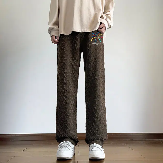 冰飞 美式嘻哈街头风彩虹字母刺绣菱形格纹立体感毛边高级感宽松直筒舒适百搭潮流拖地阔腿学院风休闲牛仔裤 男女同款