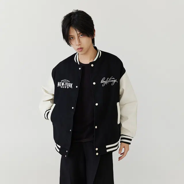 冰飞 美式复古学院风高级感创意手绘字母图案刺绣宽松休闲舒适拼接撞色飞行员夹克外套少年感穿搭潮牌潮流百搭棒球服 男女同款