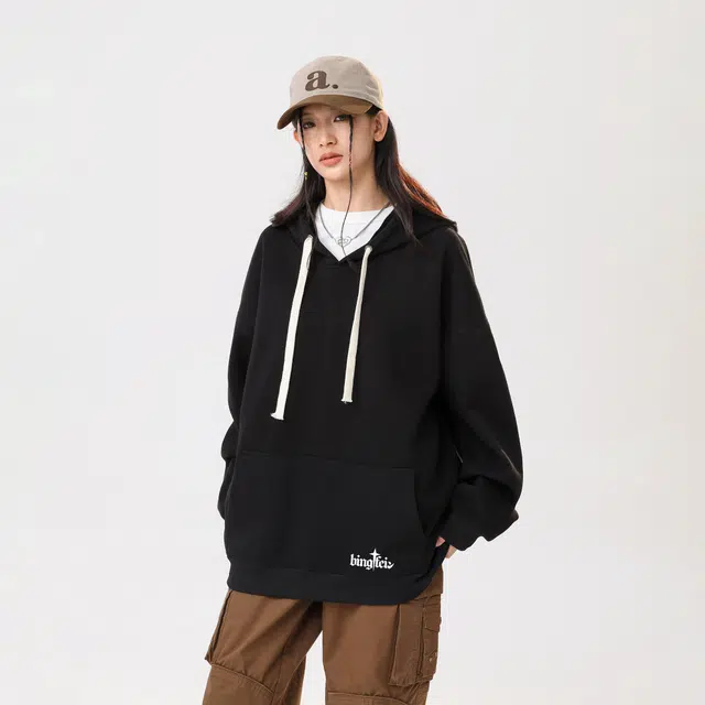 冰飞 美式复古嘻哈街头风收货字母印花加绒加厚御寒保暖长袖连帽套头卫衣 男女同款