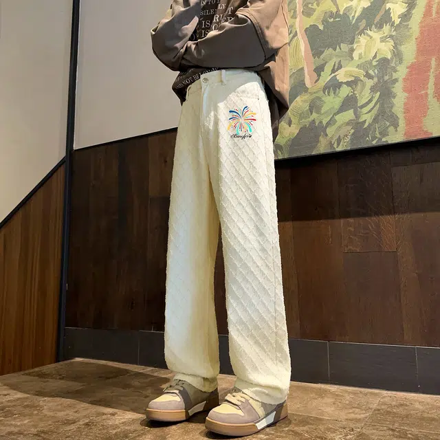 冰飞 美式嘻哈街头风彩虹字母刺绣菱形格纹立体感毛边高级感宽松直筒舒适百搭潮流拖地阔腿学院风休闲牛仔裤 男女同款