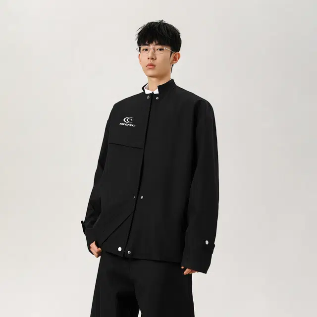 冰飞 美式复古高街拼接解构活页设计立领单排按扣中山装外套简约休闲宽松舒适百搭旅游通勤潮牌教练飞行员夹克 男女同款