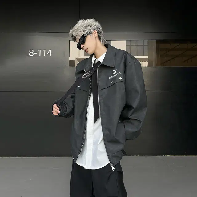 冰飞 美式机车服春秋纽扣装饰宽松痞帅无性别主义时尚户外机能皮衣 男女同款