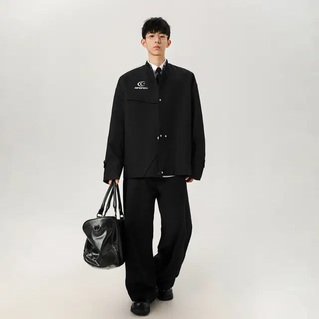 冰飞 美式复古高街拼接解构活页设计立领单排按扣中山装外套简约休闲宽松舒适百搭旅游通勤潮牌教练飞行员夹克 男女同款