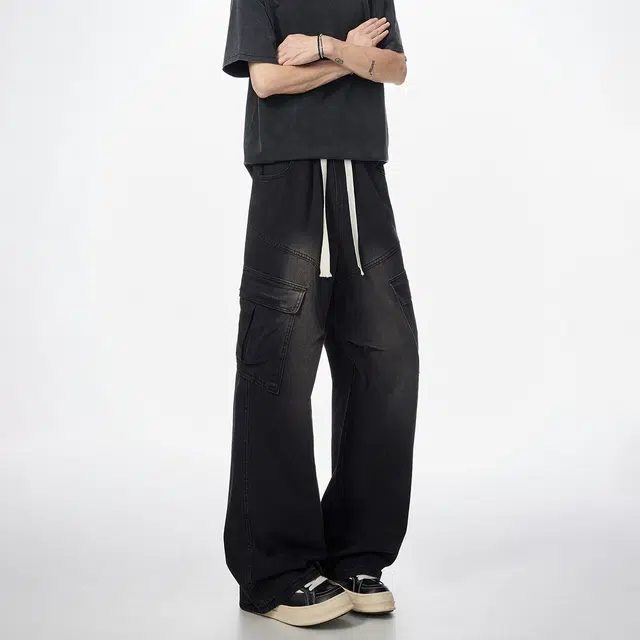 冰飞 美式复古嘻哈街头风小众解构性设计多口袋系带潮牌做旧水洗痞帅通勤百搭宽松垂感休闲阔腿透气抽绳牛仔裤 男女同款