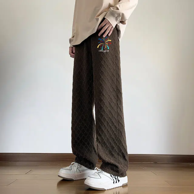 冰飞 美式嘻哈街头风彩虹字母刺绣菱形格纹立体感毛边高级感宽松直筒舒适百搭潮流拖地阔腿学院风休闲牛仔裤 男女同款