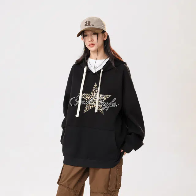 冰飞 美式时尚小众设计感百搭连帽慵懒风豹纹星星印花御寒保暖加绒加厚套头重磅上衣卫衣 男女同款