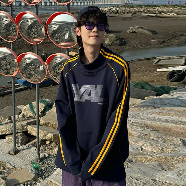 雅鹿 美式复古学院风百搭纯色简约纯棉条纹高街宽松休闲套头半高领银狐绒卫衣 男女同款