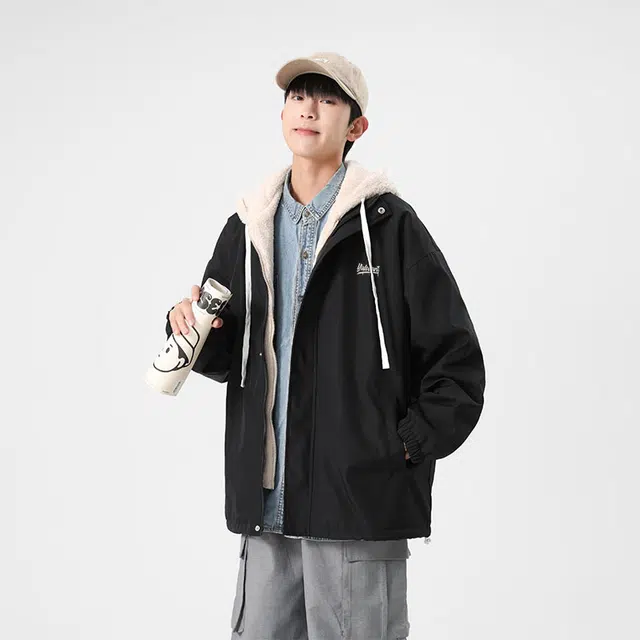 雅鹿 学院风纯色简约设计感假两件时尚户外保暖休闲百搭连帽宽松长袖加绒教练夹克外套 男女同款