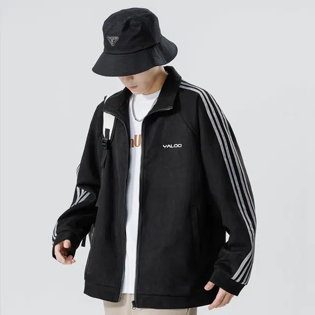 雅鹿 美式高街复古简约条纹宽松户外运动风百搭休闲立领教练夹克外套 男女同款