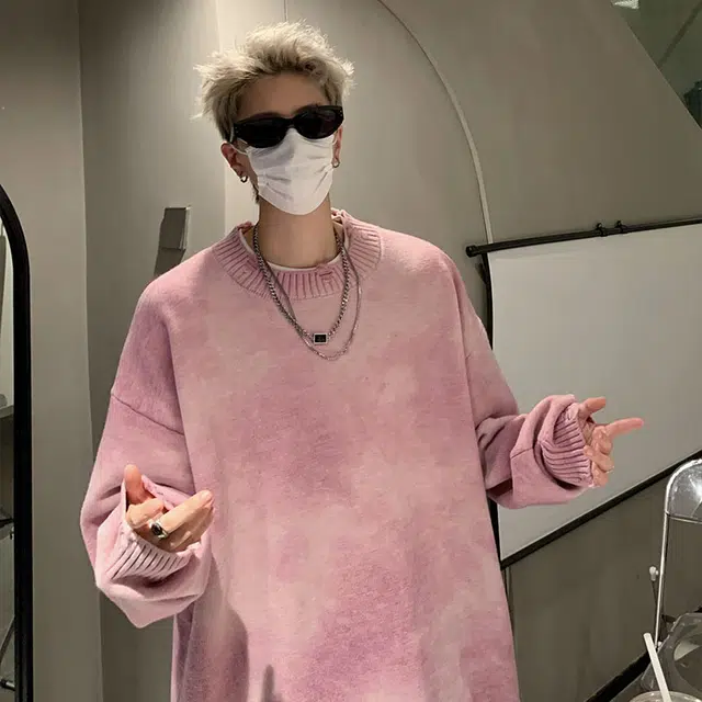 雅鹿 加厚保暖舒适亲肤潮牌渐变扎染简约圆领慵懒风落肩宽松休闲百搭长袖毛衣 男女同款