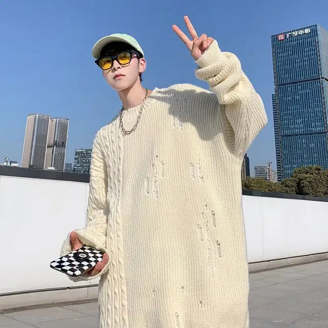 雅鹿 纯色宽松破洞打底衫圆领套头柔软舒适时尚潮流百搭适合内搭保暖落肩长袖毛衣 男女同款