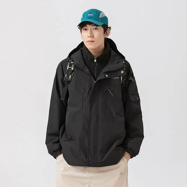 雅鹿  纯色简约户外工装山系百搭登山运动宽松休闲连帽  防水防风冲锋衣 男女同款