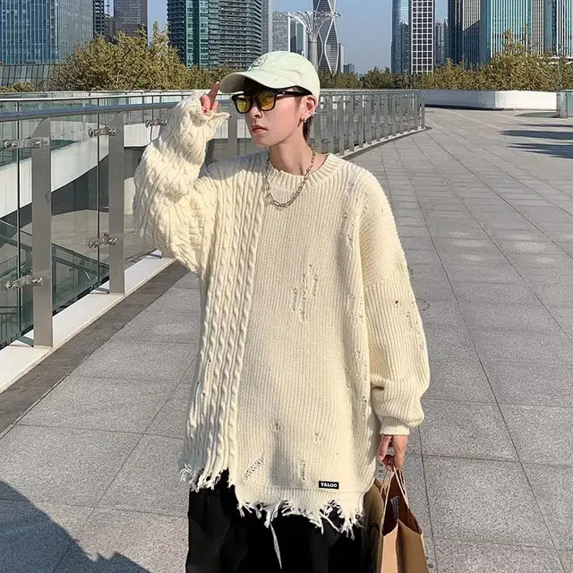雅鹿 纯色宽松破洞打底衫圆领套头柔软舒适时尚潮流百搭适合内搭保暖落肩长袖毛衣 男女同款
