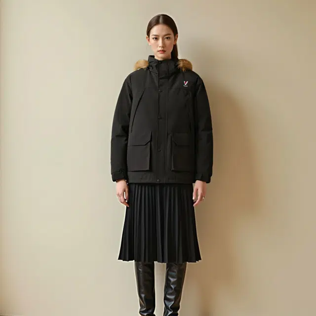 雅鹿 撞色户外加厚保暖防风御寒大口袋毛领连帽百搭羽绒服 男女同款 曜石黑