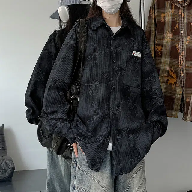 雅鹿 基础款复古高街扎染植物花卉满印宽松百搭休闲翻领单排扣长袖衬衫 男女同款