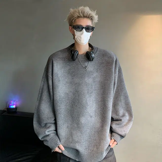 雅鹿 加厚保暖舒适亲肤潮牌渐变扎染简约圆领慵懒风落肩宽松休闲百搭长袖毛衣 男女同款