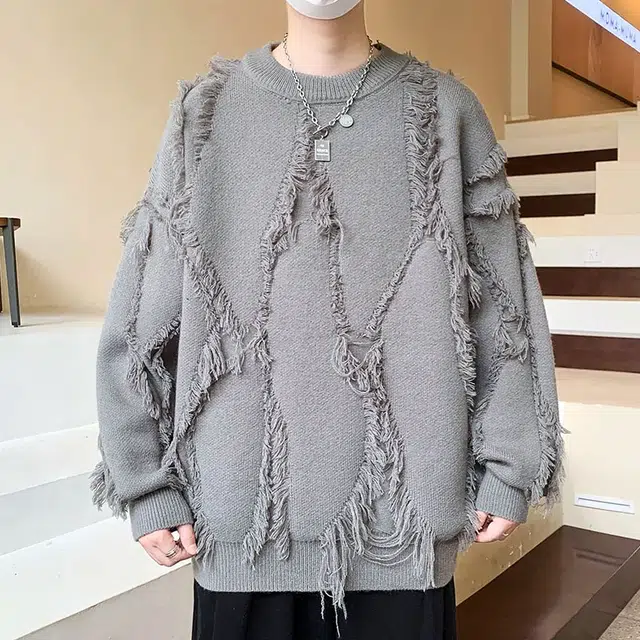 雅鹿 美式简约破坏流苏复古提花潮流设计感软糯打底保暖痞帅慵懒风毛衣 男女同款