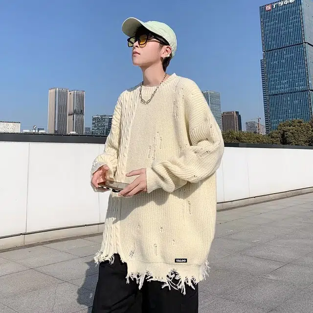 雅鹿 纯色宽松破洞打底衫圆领套头柔软舒适时尚潮流百搭适合内搭保暖落肩长袖毛衣 男女同款