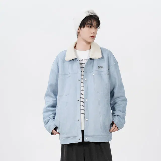 雅鹿 复古高街加绒加厚纯色翻领单排扣百搭长袖夹克外套 男女同款