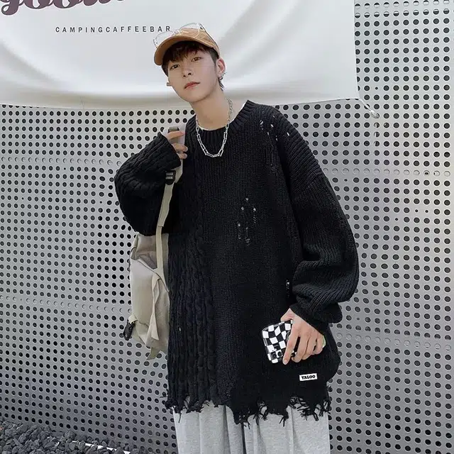 雅鹿 纯色宽松破洞打底衫圆领套头柔软舒适时尚潮流百搭适合内搭保暖落肩长袖毛衣 男女同款