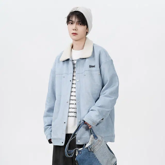 雅鹿 复古高街加绒加厚纯色翻领单排扣百搭长袖夹克外套 男女同款