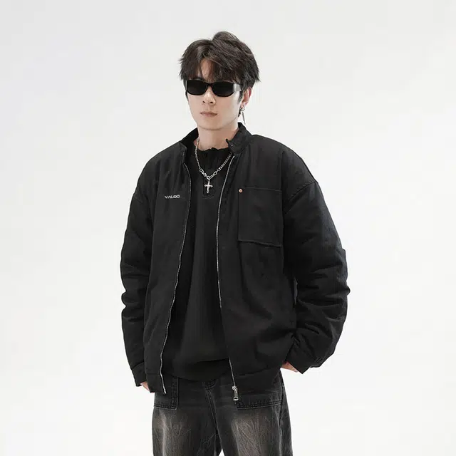 雅鹿 简约复古通勤百搭工装纯色宽松立领休闲保暖舒适夹棉夹克外套 男女同款 黑色