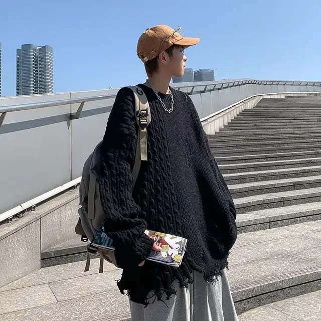 雅鹿 纯色宽松破洞打底衫圆领套头柔软舒适时尚潮流百搭适合内搭保暖落肩长袖毛衣 男女同款