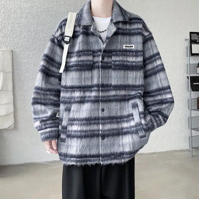 雅鹿 格子条纹宽松休闲百搭户外长袖翻领夹克外套 男女同款