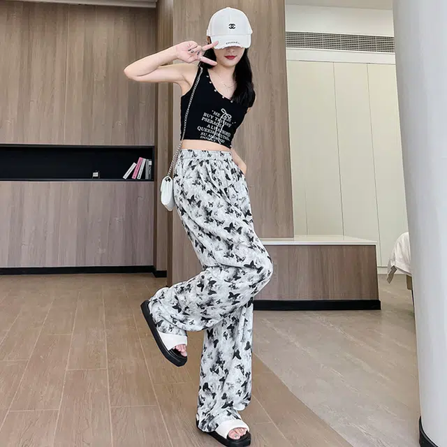犸凯奴 新中式水墨蝴蝶透气薄款百搭宽松高腰阔腿长裤休闲裤 女款