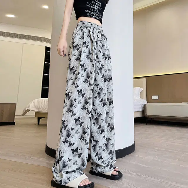 犸凯奴 新中式水墨蝴蝶透气薄款百搭宽松高腰阔腿长裤休闲裤 女款