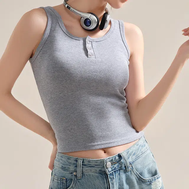 犸凯奴 纽扣螺纹圆领美式外穿内搭工字背心 女款