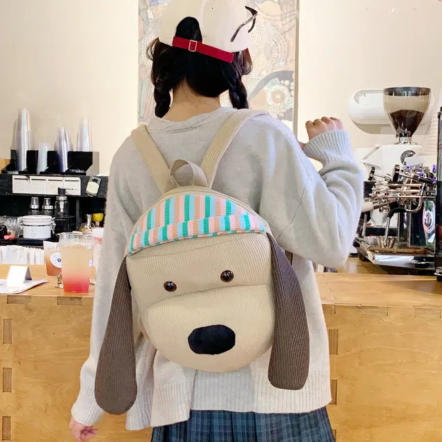 如意士 可爱小狗卡通通勤百搭 灯芯绒 双肩包 常规 男女同款情侣款 棕色