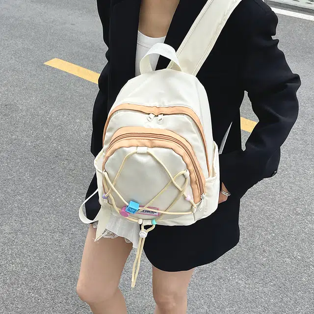如意士 时尚潮流百搭 尼龙 双肩包 常规 女款 米白色/紫色