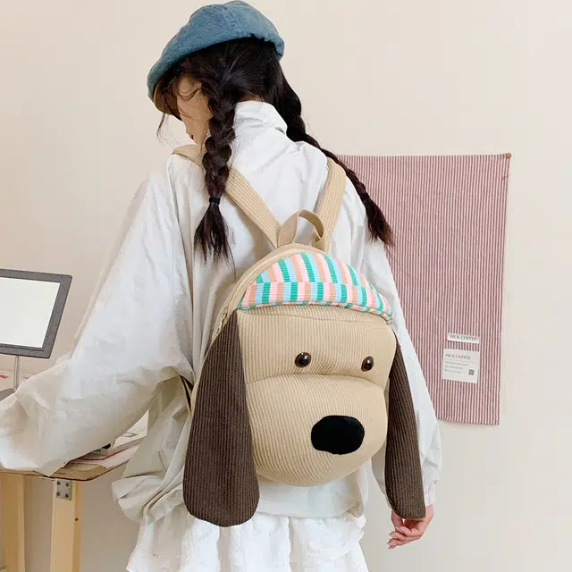 如意士 可爱小狗卡通通勤百搭 灯芯绒 双肩包 常规 男女同款情侣款 棕色