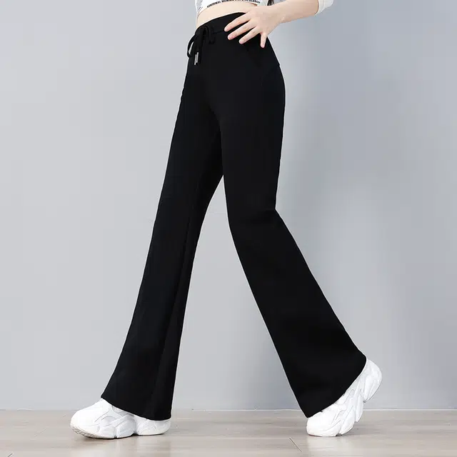 缪斯的诱惑 美式高街复古韩系时尚潮流纯色针织裤高腰宽松垂感阔腿裤抽绳轻便运动裤显瘦显腿长舒适直筒长裤秋冬通勤简约百搭酷飒休闲裤 女款